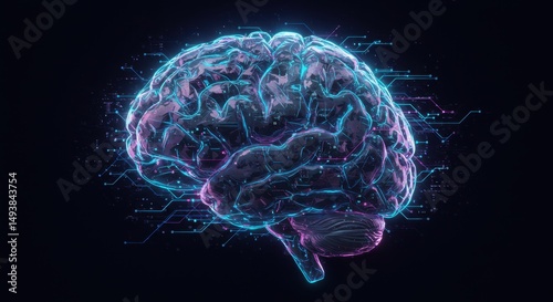 Digital human brain with network connections. Technology and artificial intelligence background. Concept of machine learning and futuristic innovation.