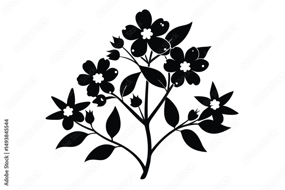Naklejka premium Stylized Floral Arrangement Featuring Blossoming Flowers, Buds, Leaves, and Branch Silhouette Illustration