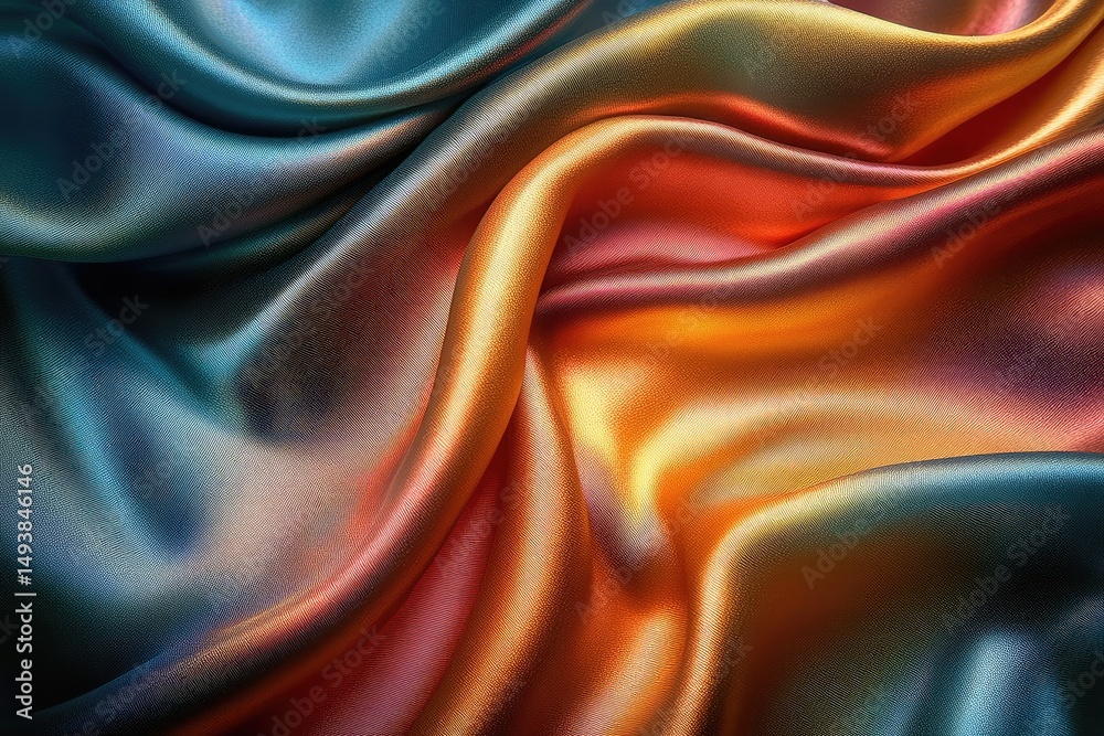 Obraz premium Luxurious iridescent silk fabric with a gradient of teal, orange, and gold hues, creating soft, flowing waves.