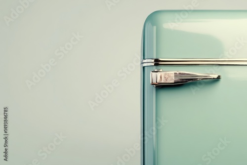 A close-up view of a vintage pastel green refrigerator's door handle and corner.