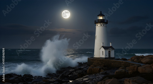 Wallpaper Mural Majestic Lighthouse Beacon Underneath the Glimmering Moonlight Above the Seascape Torontodigital.ca