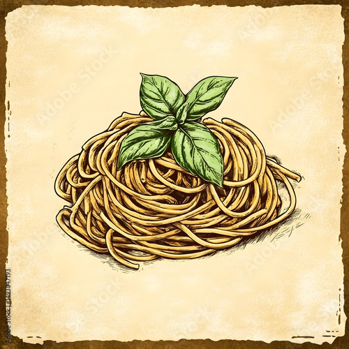Close-up of Delicately Arranged Cooked Spaghetti with Fresh Basil on Sketch Symbol Background