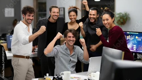 Excited business team celebrates successful digital campaign launch
