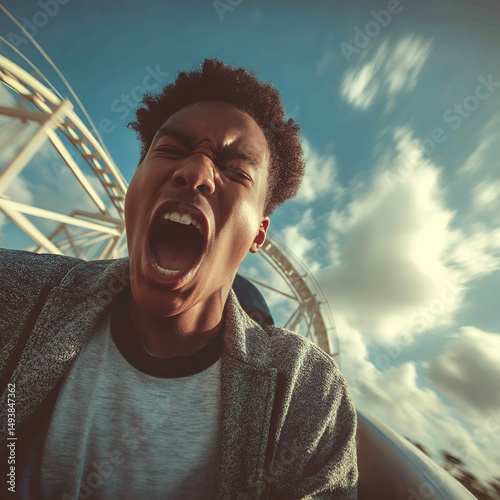 Teen African American boy screaming on roller coaster with sky and rails in motion blur, expressive moment of thrill and fear with copy space, ideal for amusement, adrenaline themes