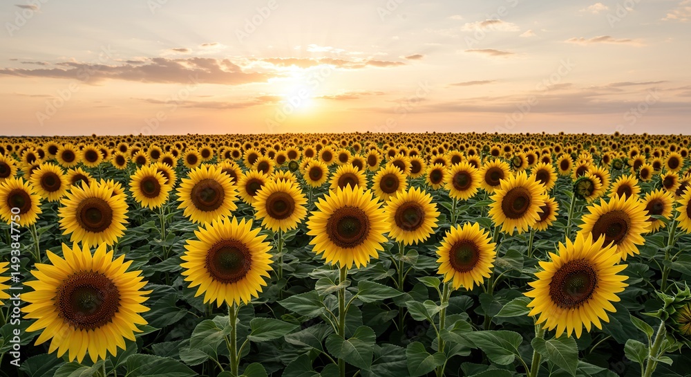 Obraz premium Sunflowers Field at Sunset Golden Hour Blooming Flowers in Agricultural Landscape Beauty in Nature Scenic View Peaceful Tranquility Harvest Time Farming