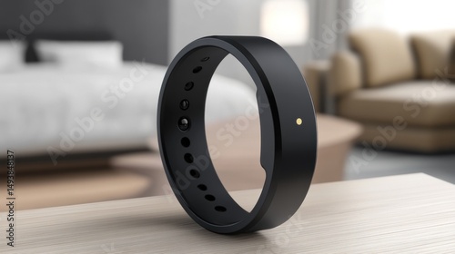 Sleek Black Smart Ring on Wooden Surface