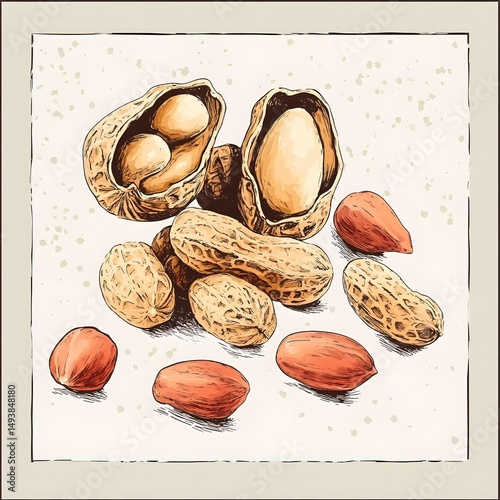 Detailed Hand Drawn Watercolor Sketch of Colorful Nuts Peel, Abstract Artwork