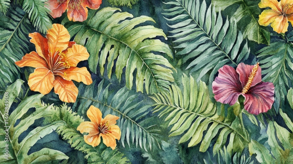 Naklejka premium Create a seamless tropical watercolor design featuring vibrant florals and lush foliage in a tropical paradise for artistic inspiration
