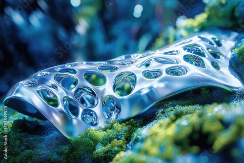A metallic, biomorphic structure with intricate perforations rests on a mossy surface, evoking futuristic design and natural forms.