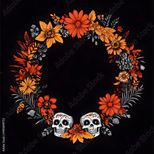 Dia de los Muertos animation featuring vibrant floral motifs and decorative lettering