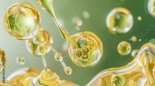Abstract nature background featuring surface texture with splashes and bubbles of green moisturizer
