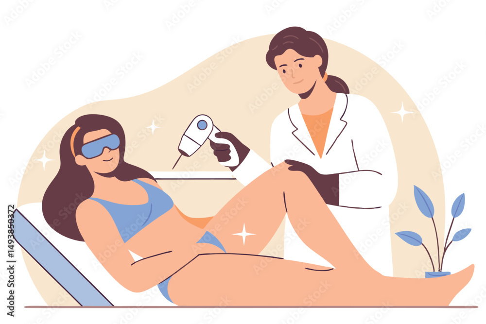 Obraz premium Woman undergoing laser hair removal at clinic, beauty procedure, dermatology treatment, vector illustration