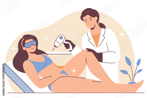 Woman undergoing laser hair removal at clinic, beauty procedure, dermatology treatment, vector illustration