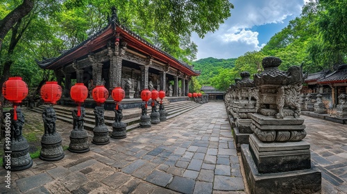 Serene Temple Courtyard in Lush Mountains