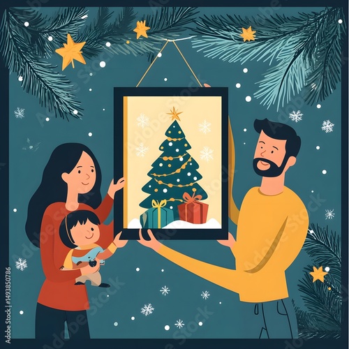Happy Family Celebrating Christmas with Decorated Tree and Gifts Flat Vector Illustration