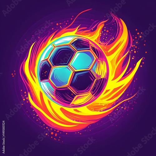 Dynamic Neon Style Soccer Ball on Fire Flat Vector Illustration for Sports Advertisements