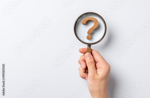 Hand holding a magnifying glass and a question mark on a white background, viewed from above