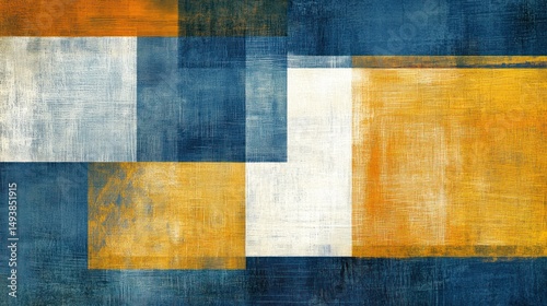 Abstract Geometric Composition in Blue, White, and Gold Hues