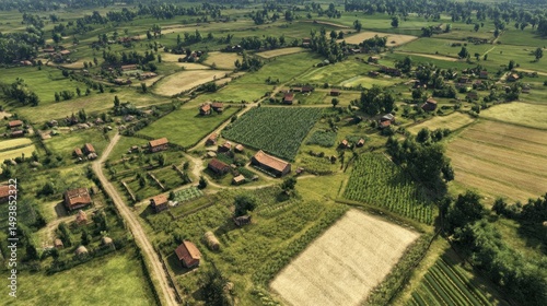 Aerial View of a Picturesque Village in Lush Green Countryside