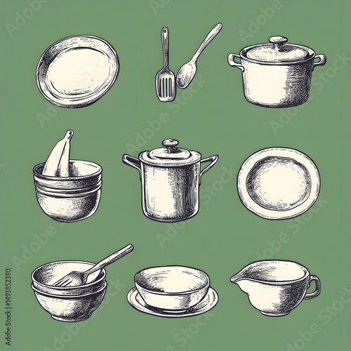 Professional hand-drawn dishes illustrations on green background for design projects