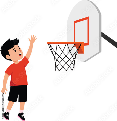 Young boy playing basketball scoring a goal with orange hoop and net vector illustration 