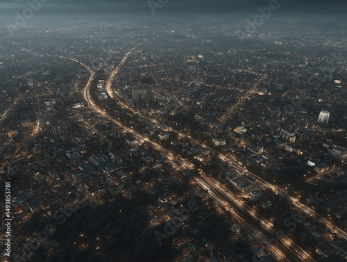 Aerial View of City at Night with Highway Lights