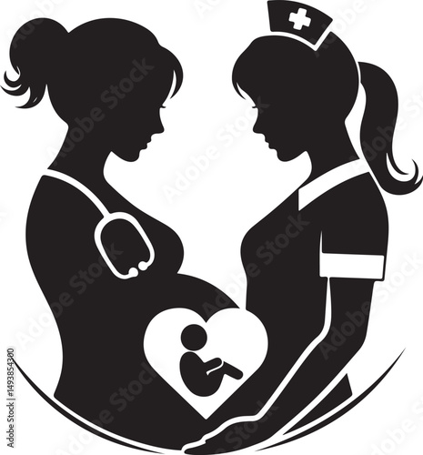 Caring Nurse Supporting Pregnant Woman  Maternity Care Silhouette Vector new trendy unique 2025