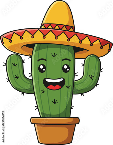 Happy green cactus character wearing yellow and red sombrero hat in brown pot vector illustration 