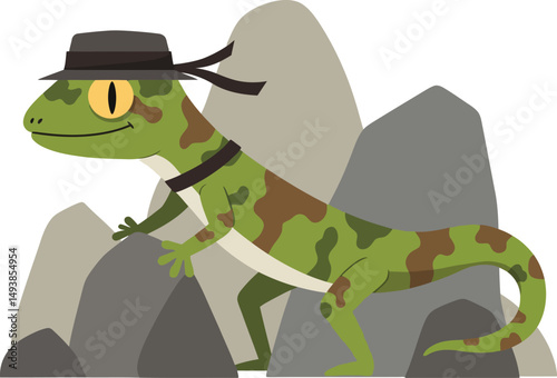 Camouflaged lizard wearing black hat on gray rocks in natural habitat vector illustration 