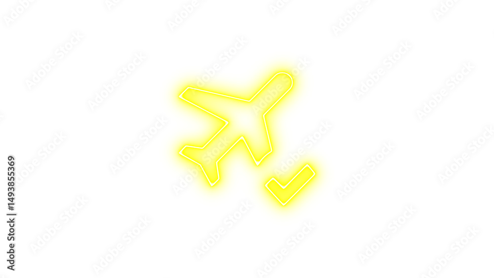Obraz premium Neon Airplane Icon with Checkmark, Neon airplane check icon color glow with transparent background
