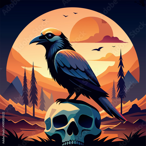 Mystical bird perched on a skull under a vibrant sunset in a tranquil landscape filled with silhouettes of trees Generative AI