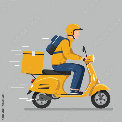 Delivery person riding yellow scooter with helmet and backpack fast urban courier service vector illustration 