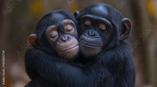 Chimpanzees couple in a romantic pose.