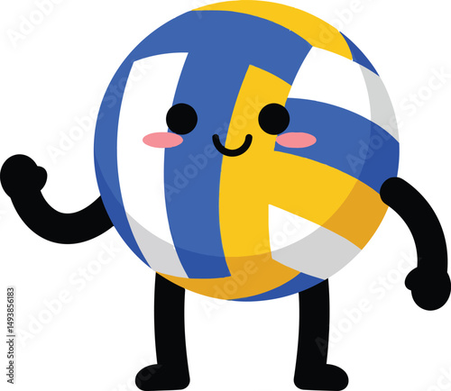 Volleyball character with blue yellow and white stripes smiling arms and legs cartoon vector illustration 