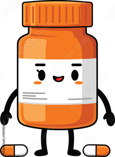 Orange Medicine Bottle with Happy Cartoon Face and Capsules Vector Illustration for Healthcare and Pharmacy 