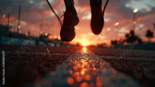 Sunset Jogging CloseUp of Running Shoes in Motion with Vibrant Sky and Reflective Ground