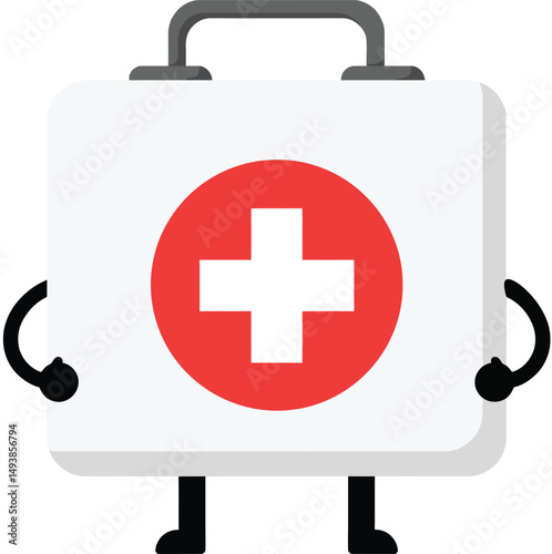 First aid kit character with red cross symbol and handle medical health emergency vector illustration 