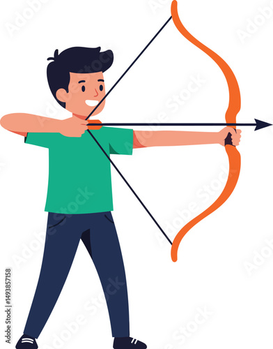 Boy practicing archery with orange bow and arrow in green shirt vector illustration 