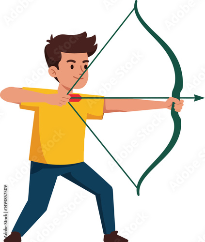 Young boy practicing archery with green bow and arrow in action pose vector illustration 