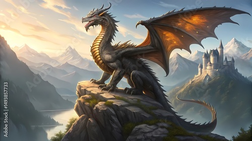 Dragon perched atop a cliff overlooking a vast mountainous landscape at sunset