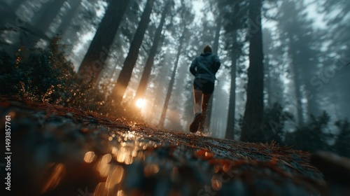 Sunlit Forest Run A Person Jogging Through a Misty SunDrenched Woodland Path with Tall Trees