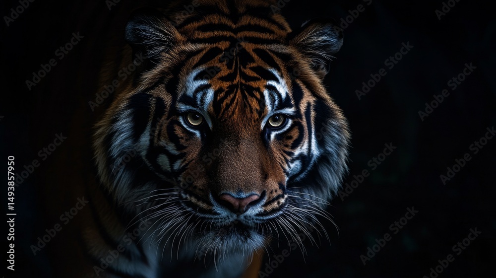 Naklejka premium Tiger's sharp eyes glowing in the dark jungle night wildlife photography mysterious environment close-up alertness and beauty