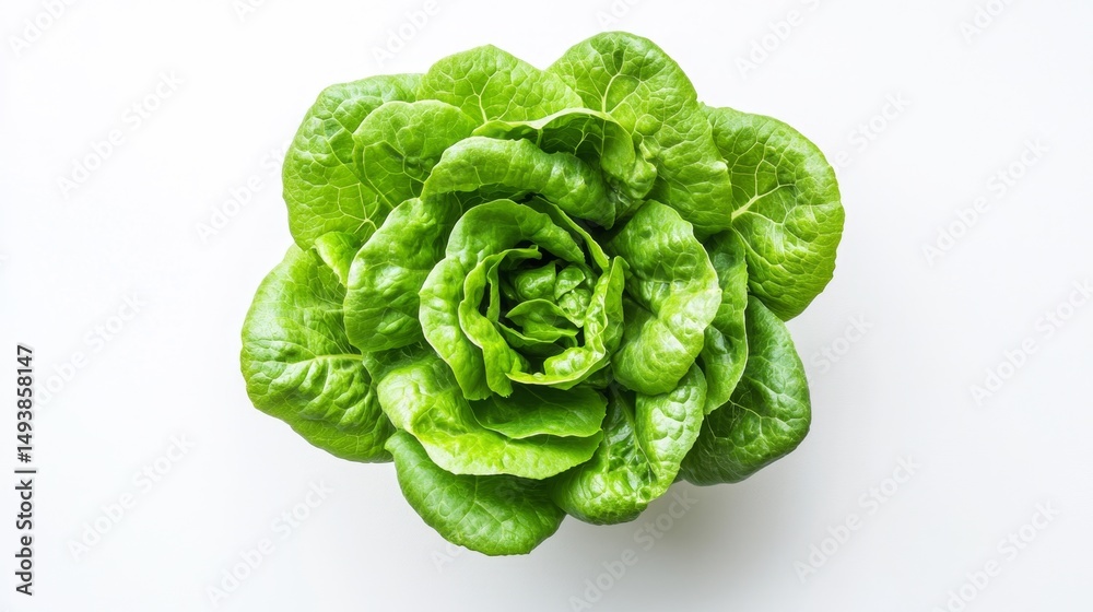 Fototapeta premium Topdown view of fresh lettuce head isolated on white background food photography minimalistic setting aesthetic angle for culinary use