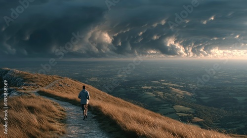 Solitary Runner on a Hilltop Path Under Dramatic Clouds