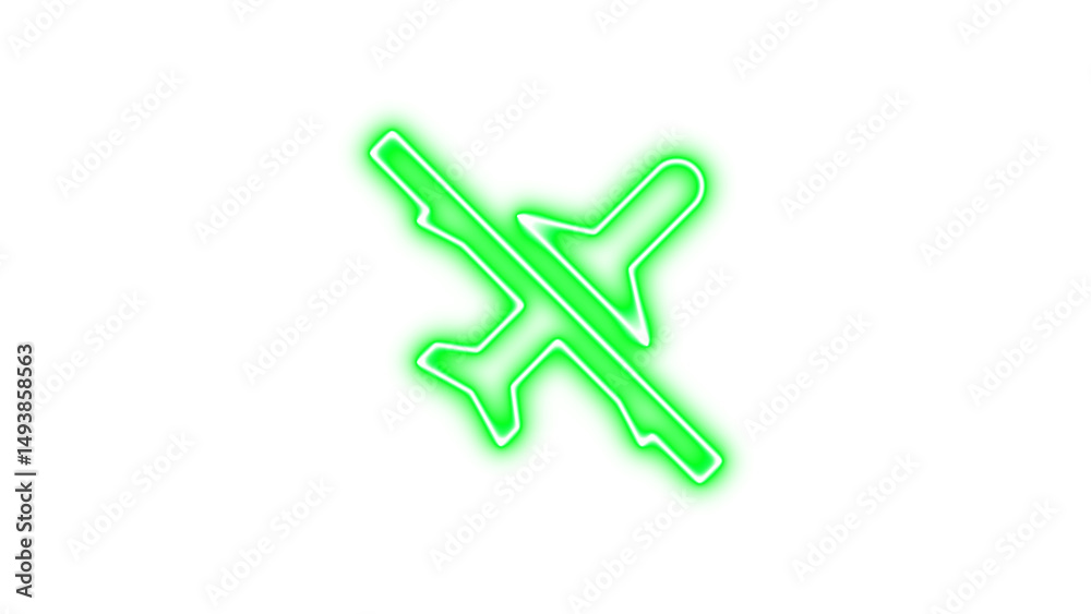Obraz premium Glowing neon sign depicting an airplane with a line through it, symbolizing airplane mode or no flying