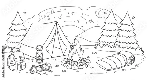 Camping coloring page showing a peaceful night under stars—ideal for outdoor-themed creative activities and printable coloring books.