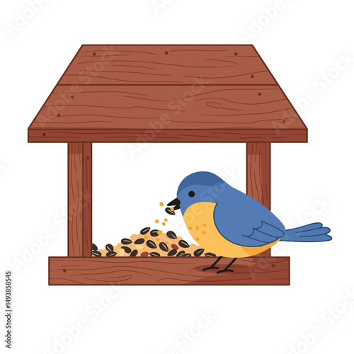 Small blue and yellow bird feeding at wooden bird feeder filled with seeds in simple vector illustration style 