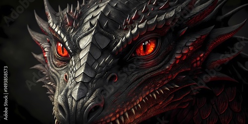 Closeup shot of a terrifying black dragon with piercing red eyes