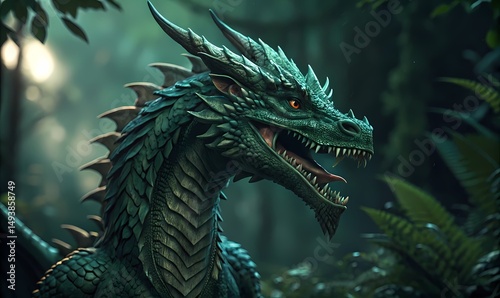 Close up of a detailed green dragon with orange eyes in forest