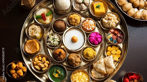 Colorful array of Indian dishes on a decorative platter.